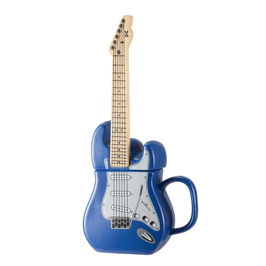 Blue electric guitar shaped coffee mug with lid