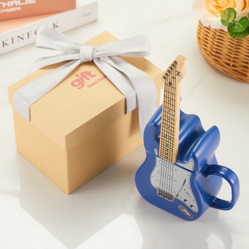 Blue electric guitar mug packaged with gift box