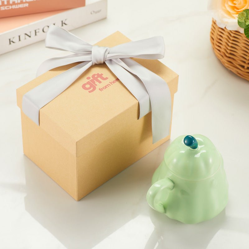 Green Grumpy Face Ceramic Mug with Lid gift box packaging