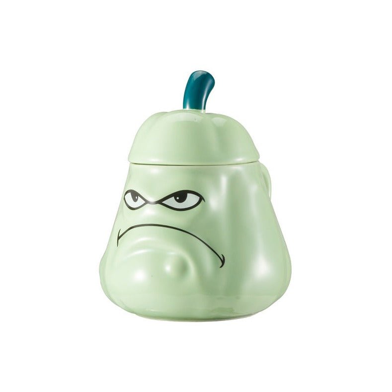 Green Grumpy Face Ceramic Mug with Lid - Front View