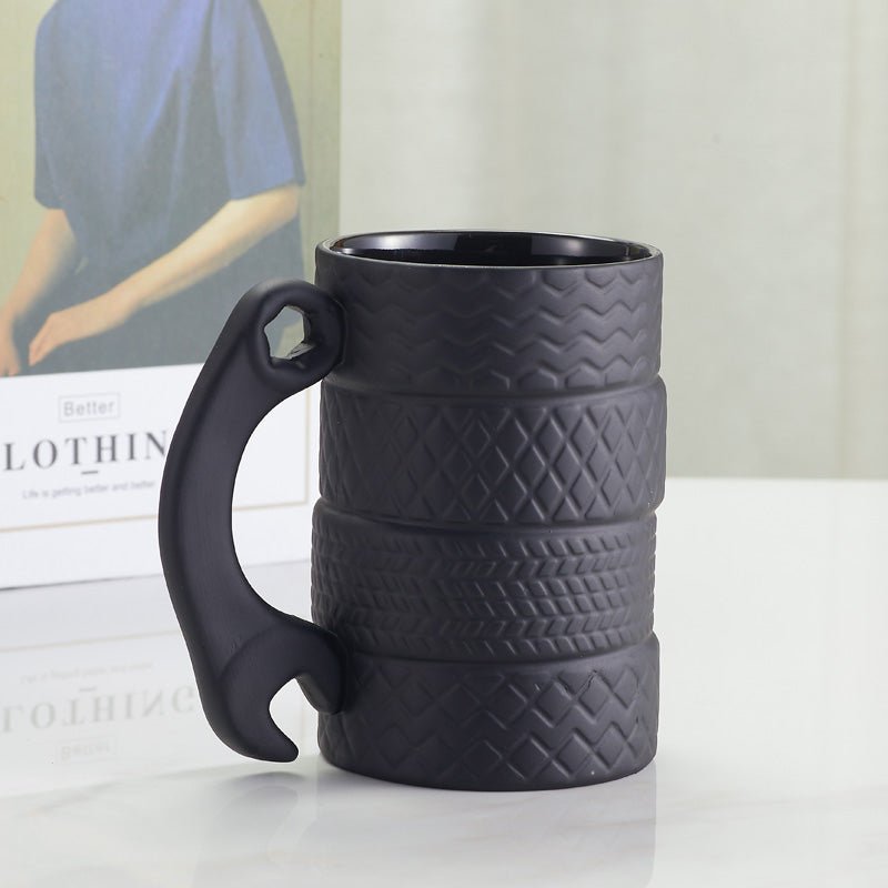 Tire Tread Ceramic Coffee Mug with Wrench Handle front view