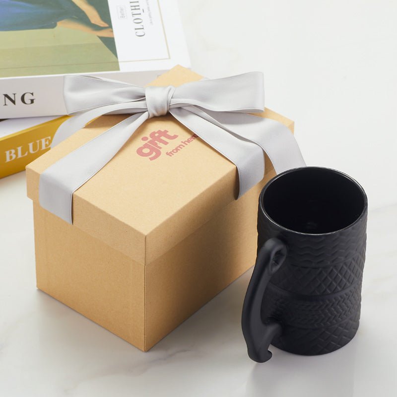 Tire Tread Ceramic Coffee Mug with Wrench Handle gift box packaging