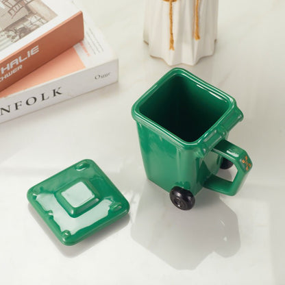 Green Recycle Bin Ceramic Coffee Mug with lid