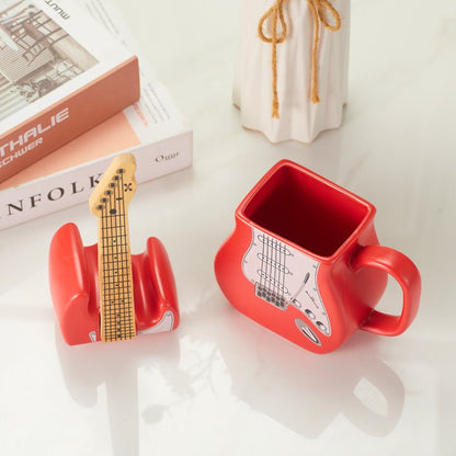 Red Color Guitar Coffee Mug Set with Lid open