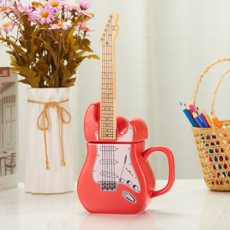 Red Color Guitar Coffee Mug Set with Lid front view