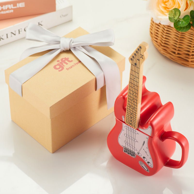 Red Color Guitar Coffee Mug Set with Lid gift box packaging