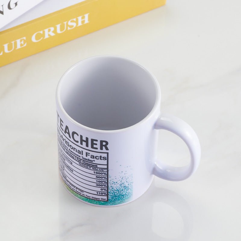 Funny Teacher Nutritional Facts Ceramic Coffee Mug for Men top view