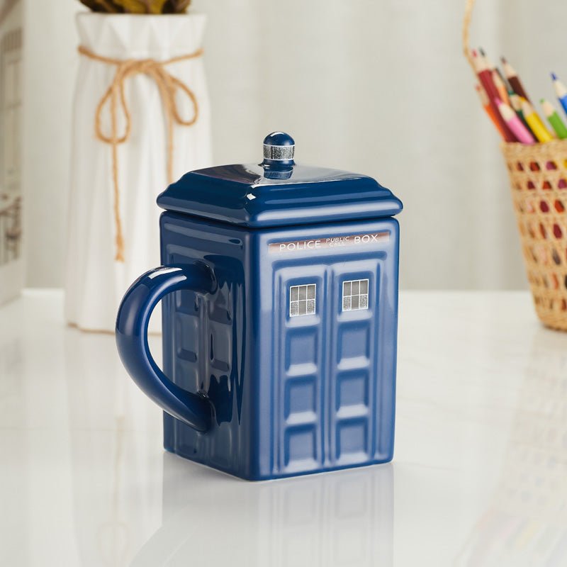 Police Box Ceramic Coffee Mug with Lid front view