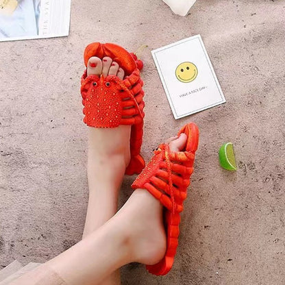 Woman Wearing Lobster Slippers