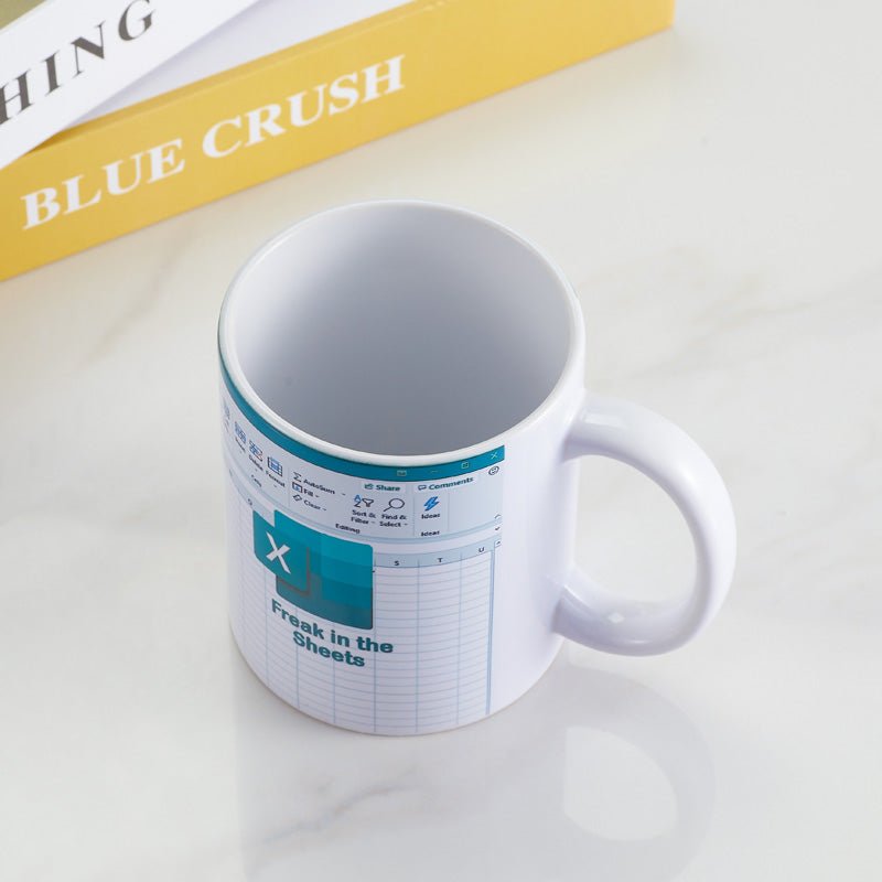 "Freak In the Sheets" Excel Ceramic Coffee Mug top view