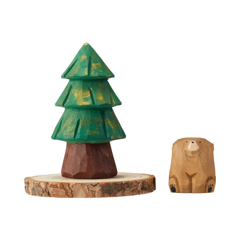 Handcrafted wooden tree and bear figurine set