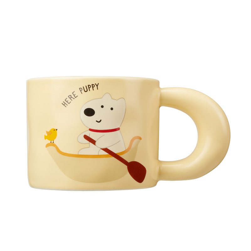 Cute Puppy and Bird Cartoon Mug with Unique Handle