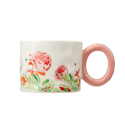Floral Ceramic Mug with Pink Handle