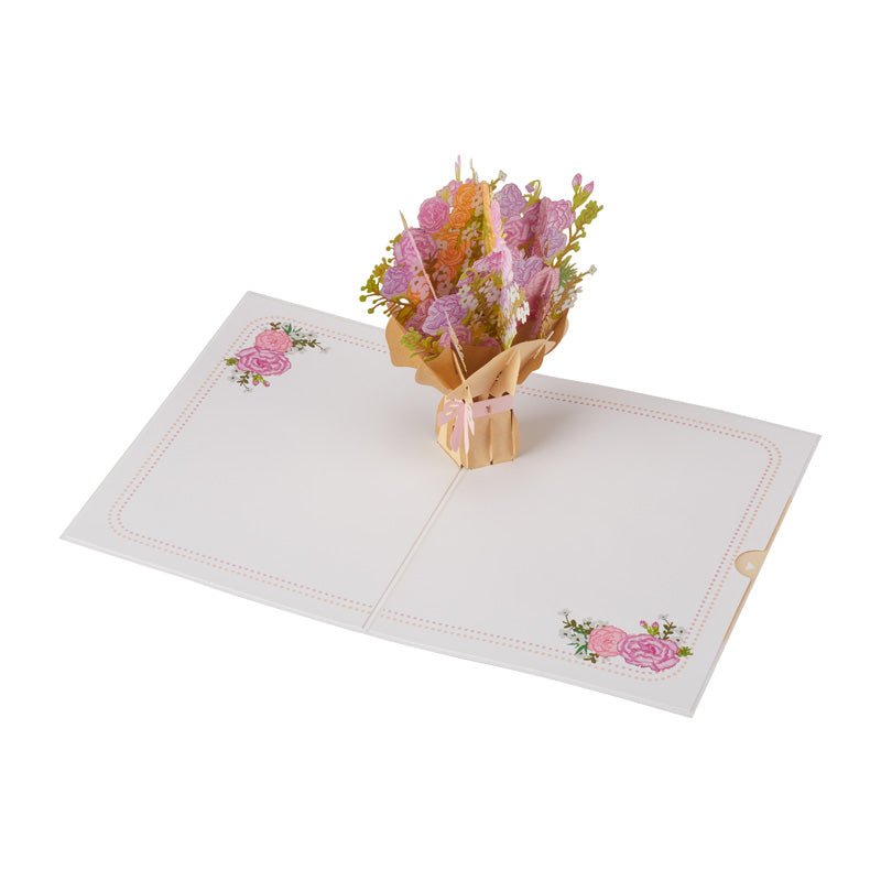 3D Pop-Up Flower Bouquet Greeting Card with pink floral design opened on a white background