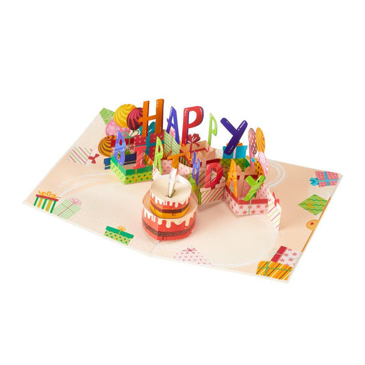 3D Pop-Up Happy Birthday Greeting Card with colorful cake and gift design on an open card