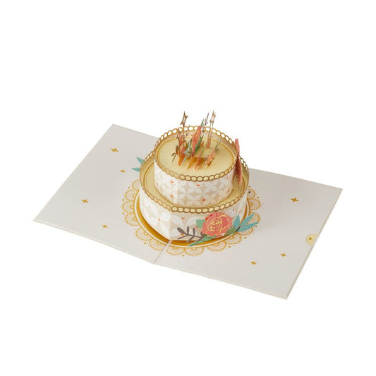 3D Pop-Up Birthday Cake Greeting Card with intricate floral and star design on an open card