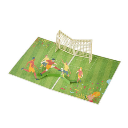 3D Pop-Up Soccer Greeting Card with goal and player design on an open card
