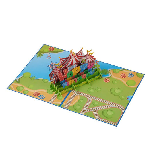 3D Pop-Up Birthday Greeting Card with circus tent and 'Happy Birthday' message on an open card