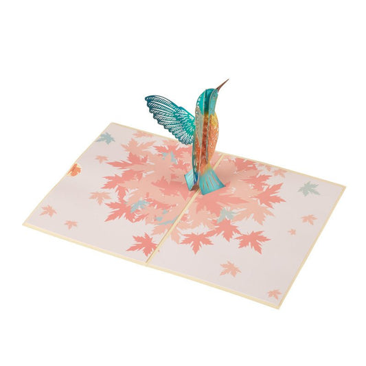 3D Pop-Up Greeting Card featuring a colorful hummingbird on an open card