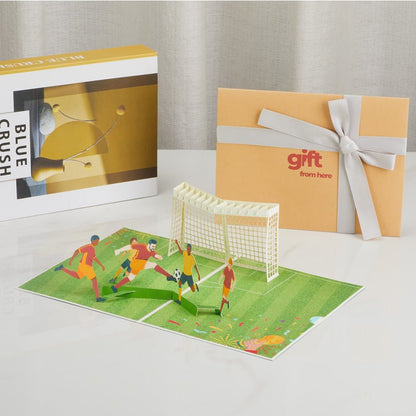 3D Pop-Up Soccer Greeting Card displayed with gift packaging