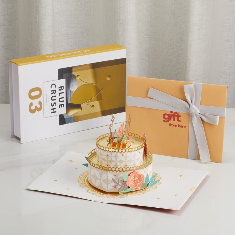 3D Pop-Up Birthday Cake Greeting Card displayed with gift packaging