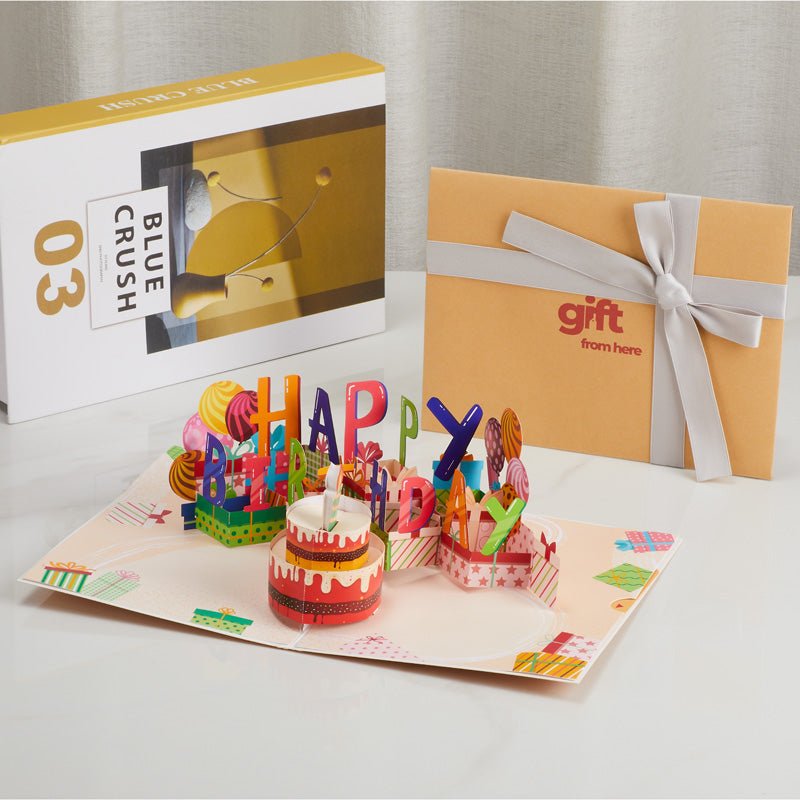 3D Pop-Up Happy Birthday Greeting Card displayed with gift packaging