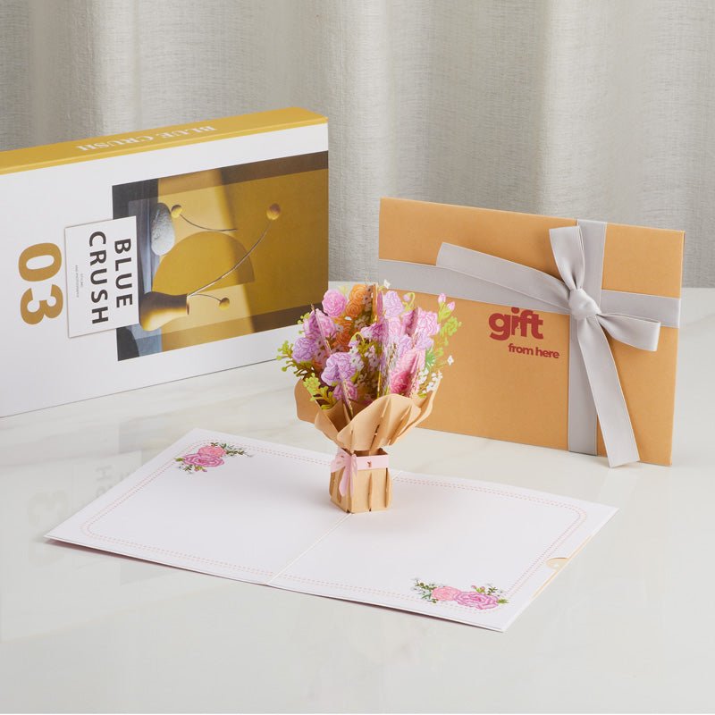 3D Pop-Up Flower Bouquet Greeting Card displayed with gift packaging