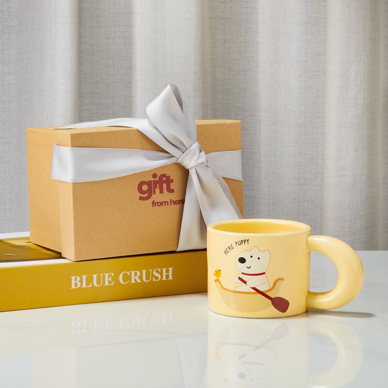 Cute Puppy and Bird Cartoon Mug with Unique Handle gift set