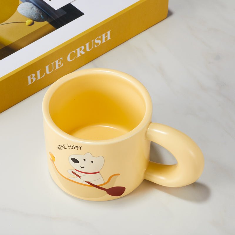 Top view of the cute puppy and bird cartoon mug showing the interior