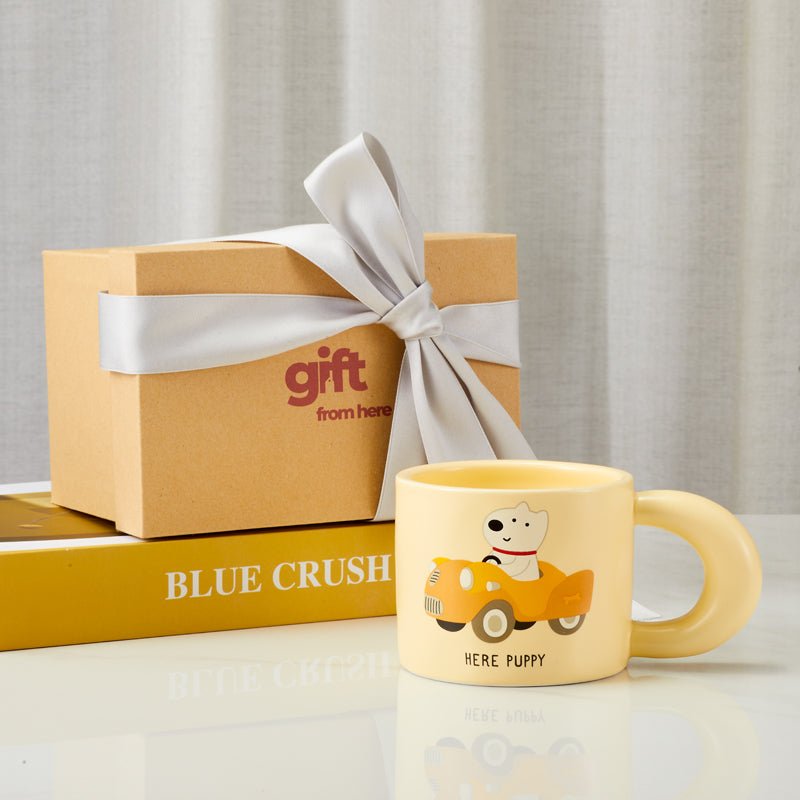 Adorable "Here Puppy" Mug with Puppy in The Car gift set