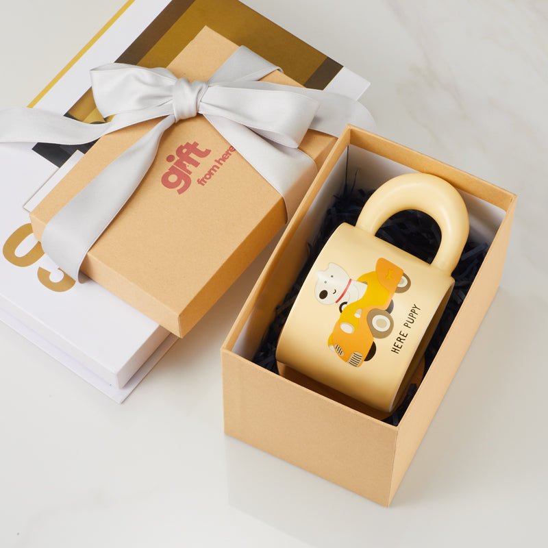 Adorable 'Here Puppy' mug in a gift box with a ribbon