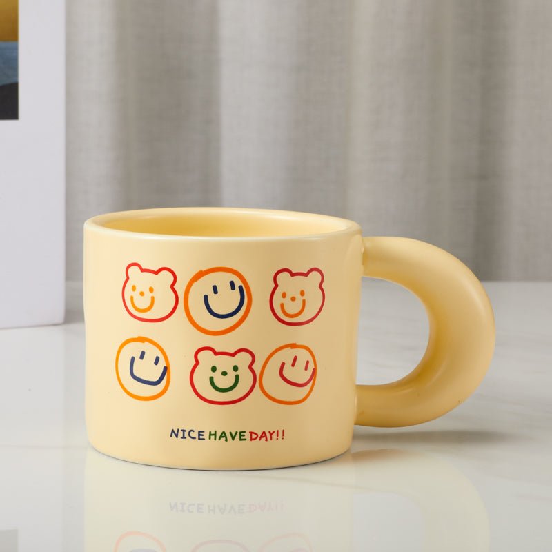 Front view of cheerful bear faces mug with 'NICE HAVE DAY!!' 
