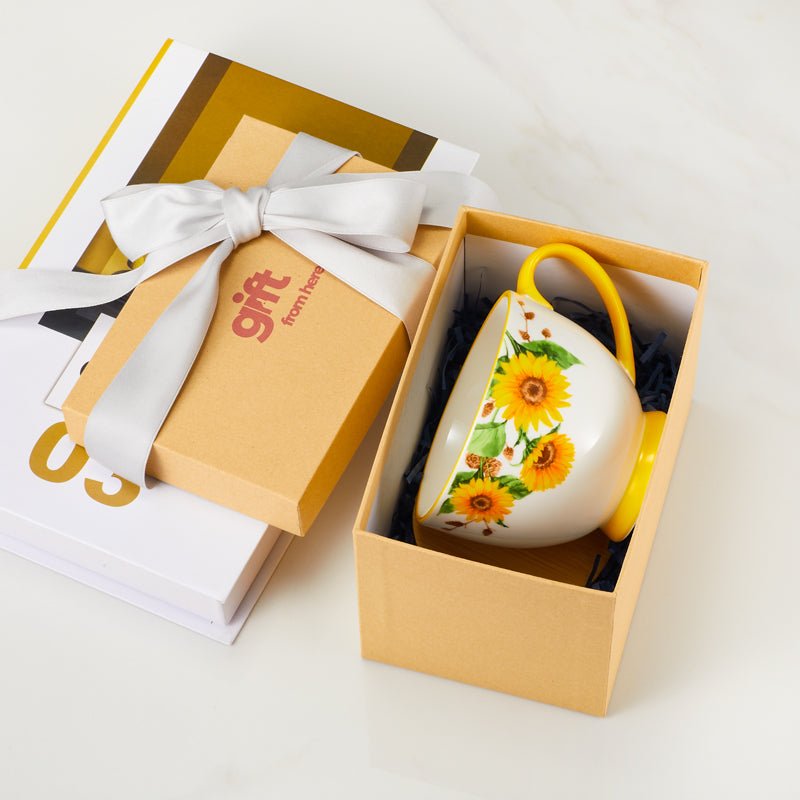 Sunflower Ceramic Mug with Yellow Handle Gift Box