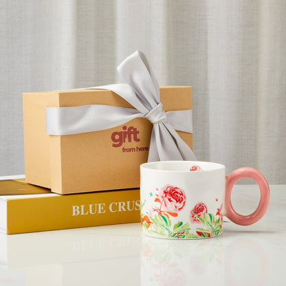 Floral Ceramic Mug with Pink Handle Gift Set