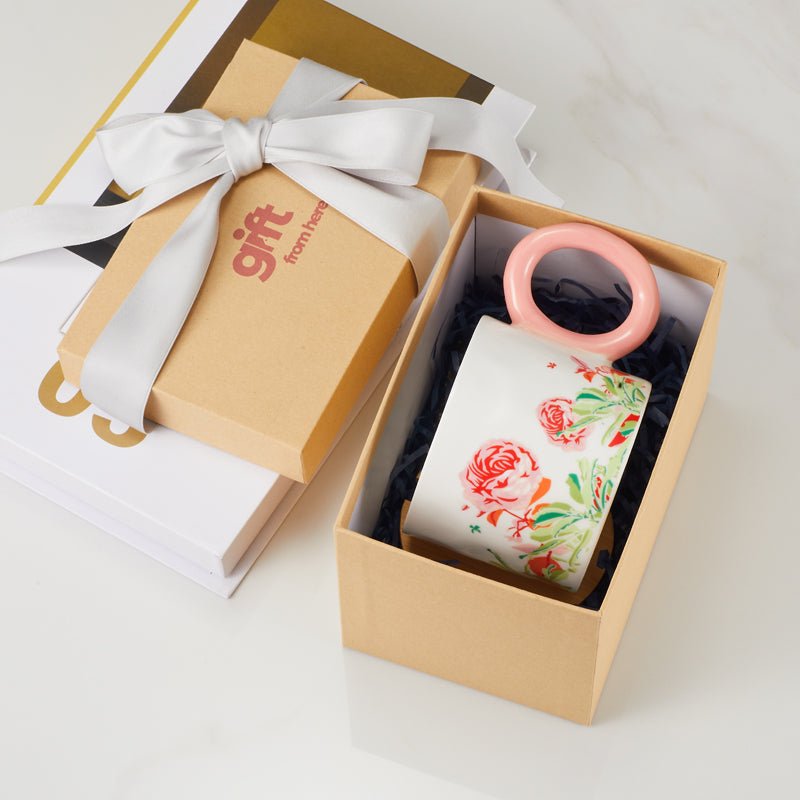 Gift Box Packaging for Floral Ceramic Mug with Pink Handle