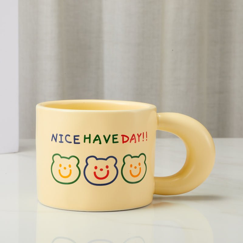 Front view of cute bear faces mug with 'NICE HAVE DAY!!'