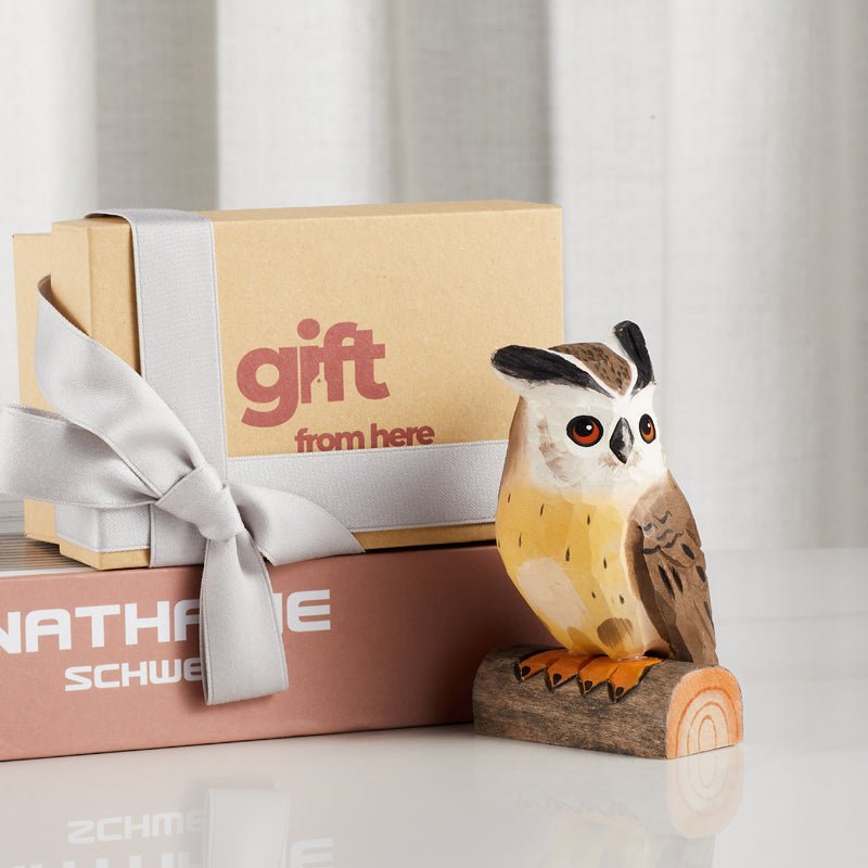 Hand-carved wooden owl figurine gift set