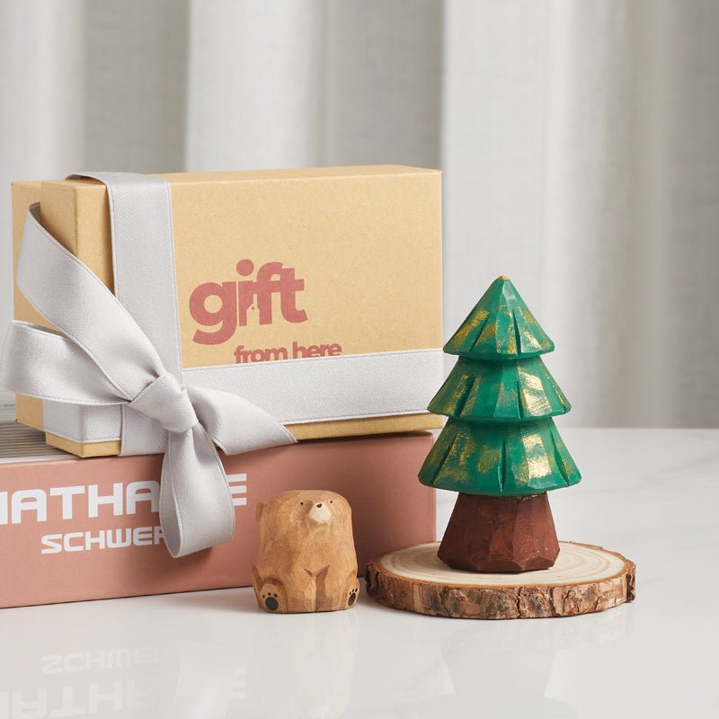 Handcrafted wooden tree and bear figurine gift set