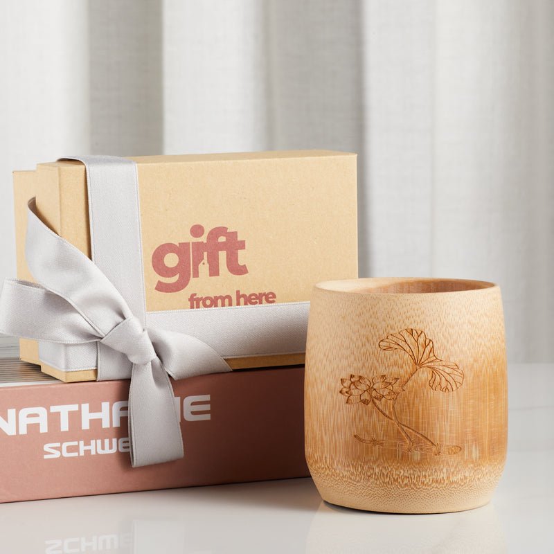 Handcrafted bamboo cup with an engraved lotus design gift set