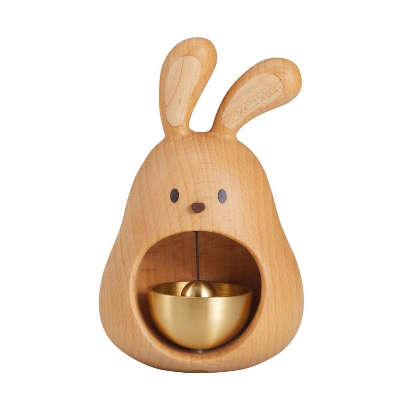 Handcrafted wooden rabbit bell, front view