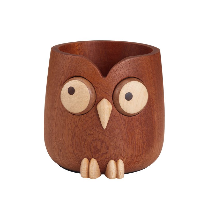 Handcrafted wooden owl pen holder, front view