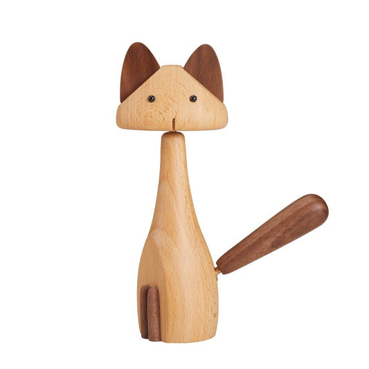 Handcrafted wooden cat figurine front view