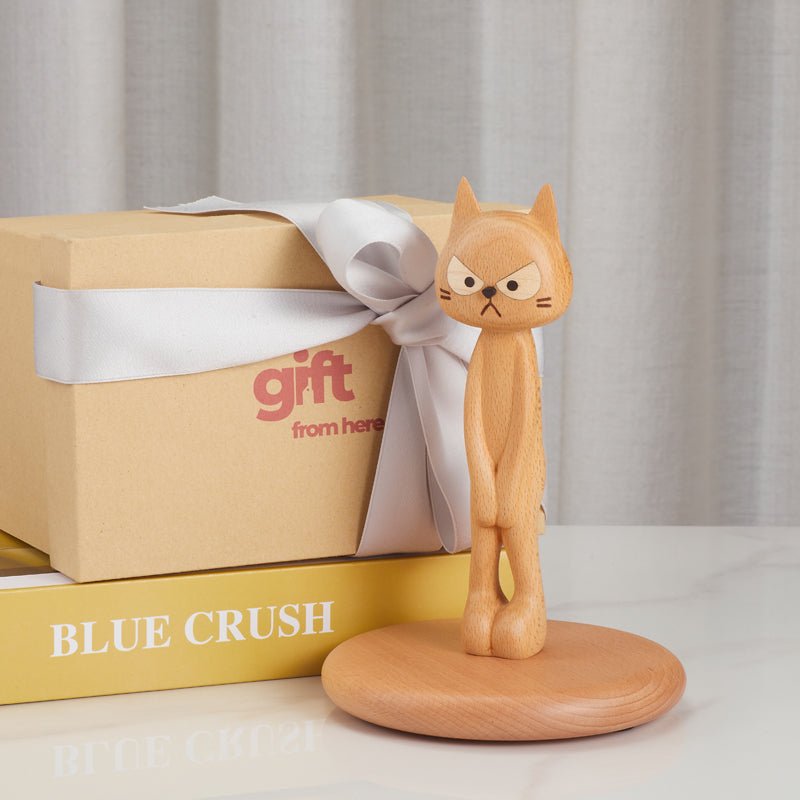 wooden angry cat figurine premium gift box packaging