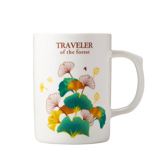 Traveler of the Forest ceramic mug with colorful leaf design