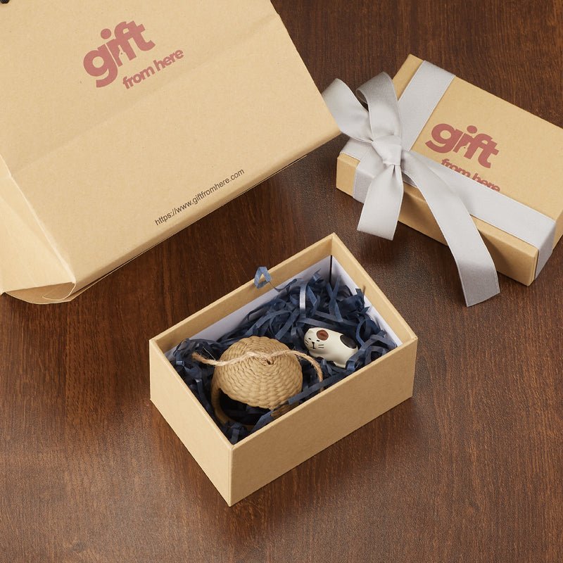 Gift box with a ribbon and the small straw hut with a sleeping cat ornament inside