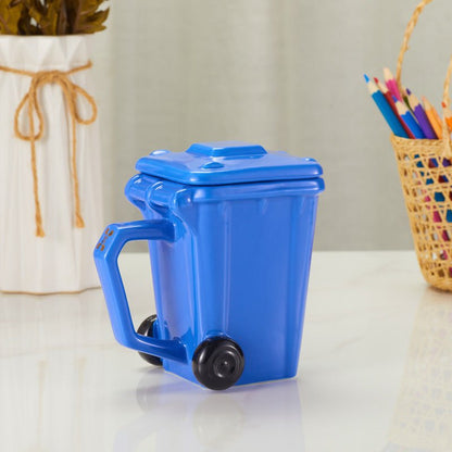 Mini Blue Recycle Bin Shaped Ceramic Mug with Lid side view