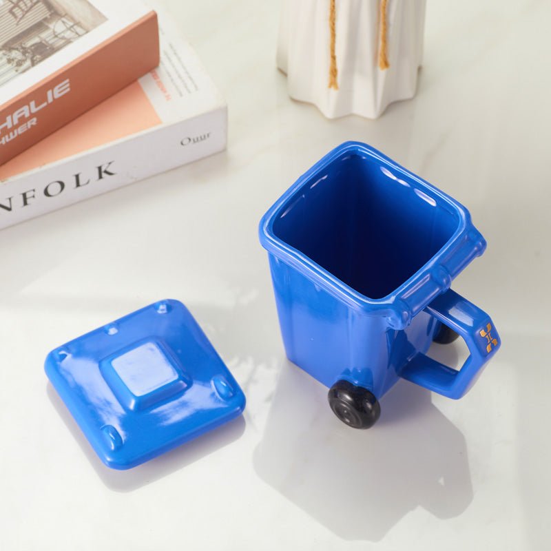 Mini Blue Recycle Bin Shaped Ceramic Mug with Lid open