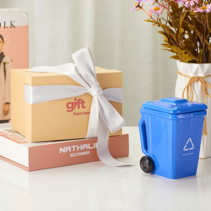 Mini Blue Recycle Bin Shaped Ceramic Mug with Lid gift set
