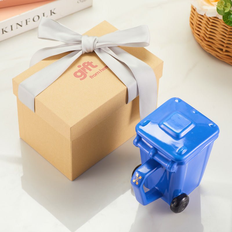 Mini Blue Recycle Bin Shaped Ceramic Mug with Lid gift box packaging