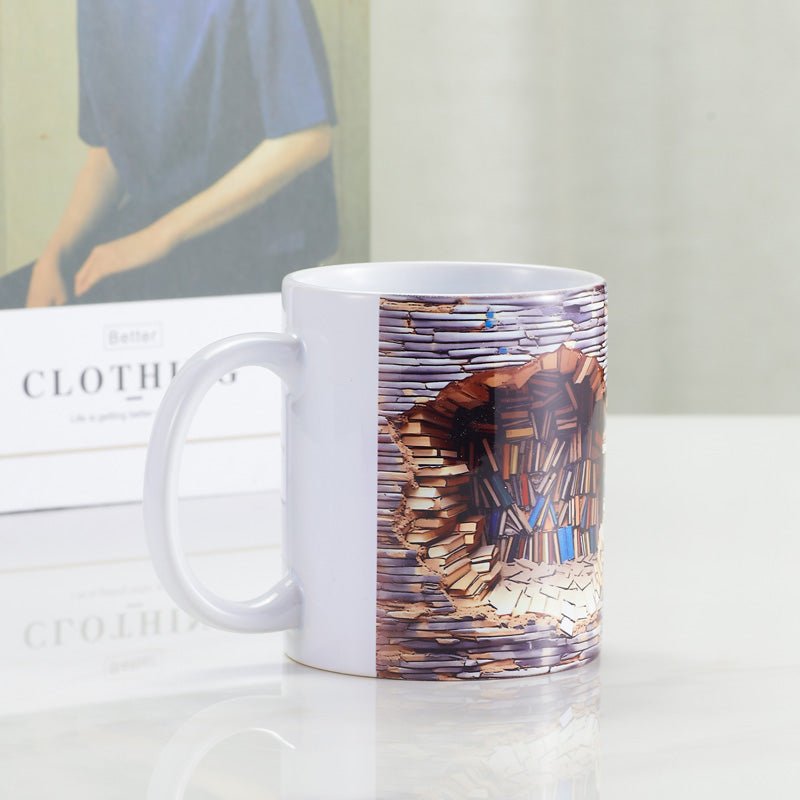 Side view of 3D book cave photo coffee mug